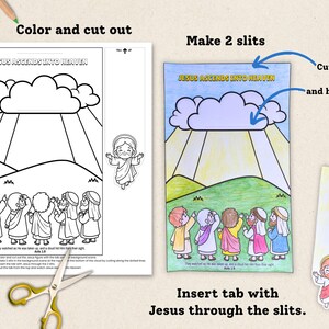 May include: A children's activity sheet with the text "JESUS ASCENDS INTO HEAVEN". The image shows a coloring page with Jesus ascending into the clouds, and a separate tab with Jesus. Instructions are included to cut and assemble the scene.