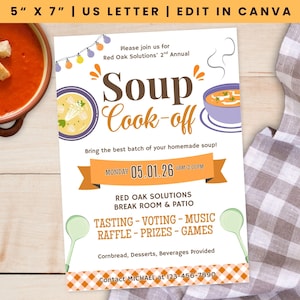 Suppenkoch-Off-Flyer, Suppenkochoff-Einladung, Bürosuppen-Potluck-Party, bearbeitbare Einladungsvorlage, Suppenhersteller-Schule, Kirchen-Spendenaktion