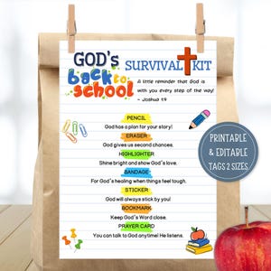 May include: A printable and editable "God's Survival Kit" for back to school, featuring a cross, pencil, eraser, highlighter, bandage, sticker, bookmark, and prayer card. The kit includes a red apple and is attached to a brown paper bag.