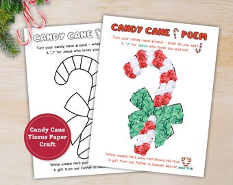 Christian Christmas Torn Paper Craft, Legend of the Candy Cane Poem, Tissue Paper Bible Craft for Kids, VBS, Preschool, Sunday School Craft