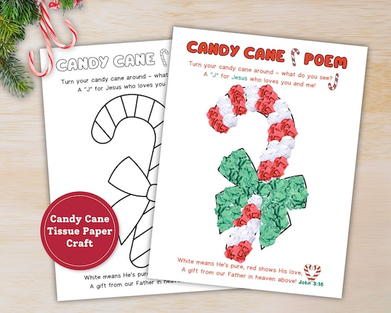 Christian Christmas Torn Paper Craft, Legend of the Candy Cane Poem, Tissue Paper Bible Craft for Kids, VBS, Preschool, Sunday School Craft