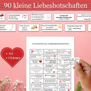 Könnte beinhalten: Ein rosa Hintergrund mit Valentinsthema. Das Bild zeigt ein Blatt Papier mit Liebesbotschaften, ein rotes Herz mit dem Text "A4 US letter" und kleine Karten mit deutschem Text. Das obere Banner lautet "90 kleine Liebesbotschaften."