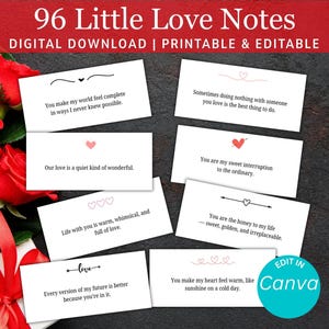 Könnte beinhalten: Eine Sammlung weißer Karten mit romantischen Zitaten, verziert mit Herzen und dekorativen Linien. Die Karten sind Teil eines digitalen Downloads, mit dem Text "96 Little Love Notes" oben. Das Bild enthält rote Rosen und eine Geschenkbox mit rotem Band.