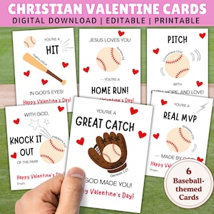 May include: A collection of six baseball-themed Valentine's Day cards. Each card features a baseball graphic with phrases like "You're a Hit" and "You're a Home Run!" Red hearts and text are included. The cards are a digital download.