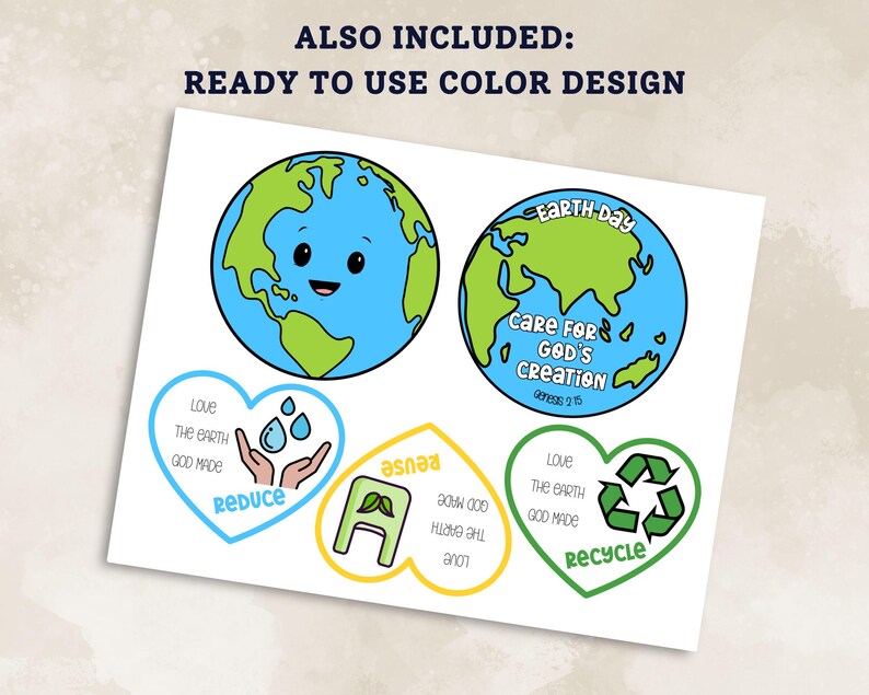 Op de afbeelding: Een vel kleurrijke stickers met het thema Earth Day. De stickers bevatten afbeeldingen van de aarde, harten met recyclingsymbolen en tekst met de tekst "Reduce", "Reuse" en "Recycle". De tekst "Earth Day" is ook opgenomen.