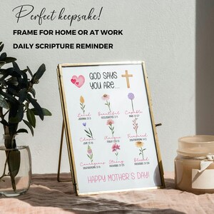 May include: A framed print with gold trim, featuring the text "God Says You Are..." and floral illustrations. The print includes the phrases "Loved," "Beautiful," "Capable," "Chosen," "Unique," "Treasured," "Courageous," "Strong," and "Blessed." The words "Happy Mother's Day!" are also visible.