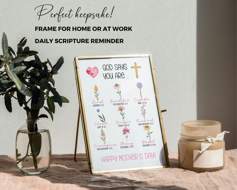 May include: A framed print with gold trim, featuring the text "God Says You Are..." and floral illustrations. The print includes the phrases "Loved," "Beautiful," "Capable," "Chosen," "Unique," "Treasured," "Courageous," "Strong," and "Blessed." The words "Happy Mother's Day!" are also visible.