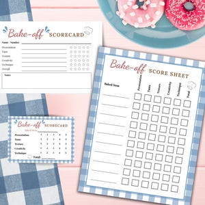 May include: A collection of bake-off scorecards and a score sheet. The scorecards are white with blue gingham borders and the words "Bake-off SCORECARD" in a decorative font. The score sheet has a similar design and includes spaces for scoring presentation, taste, texture, creativity, and technique.