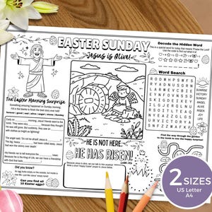 May include: Black and white Easter Sunday coloring page with the text "Easter Sunday Jesus is Alive!" and "He is not here: He has Risen!" Includes a word search, maze, and fill-in-the-blanks activity.