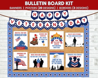 May include: A bulletin board kit with banners, posters, and borders for Veterans Day. The design includes patriotic imagery, such as the American flag, silhouettes of soldiers, and the text "Happy Veterans Day."