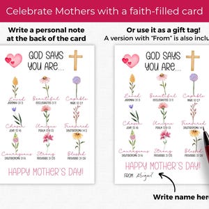 May include: A white Mother's Day card with floral illustrations and the text "GOD SAYS YOU ARE..." with a cross and hearts. The card includes phrases like "Loved," "Beautiful," and "Capable." The card also has the text "HAPPY MOTHER'S DAY!"
