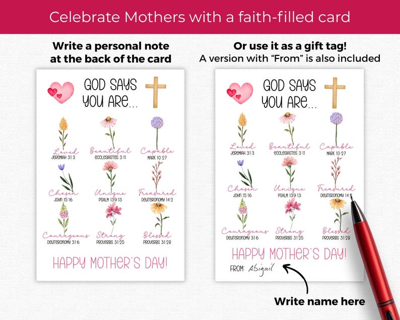 May include: A white Mother's Day card with floral illustrations and the text "GOD SAYS YOU ARE..." with a cross and hearts. The card includes phrases like "Loved," "Beautiful," and "Capable." The card also has the text "HAPPY MOTHER'S DAY!"