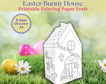 Easter Bunny House Coloring, 3D Paper House, Easter Craft for Kids, Kawaii Coloring Printable, Spring Easter Egg Coloring, Easter Activities