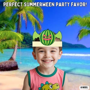May include: A paper headband featuring a green watermelon with a carved jack-o'-lantern face and light green bat wings on the sides. The text PERFECT SUMMERWEEN PARTY FAVOR! is printed above the headband, which is worn by a smiling child.