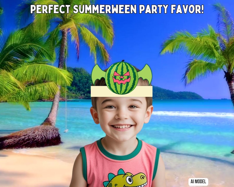May include: A paper headband featuring a green watermelon with a carved jack-o'-lantern face and light green bat wings on the sides. The text PERFECT SUMMERWEEN PARTY FAVOR! is printed above the headband, which is worn by a smiling child.