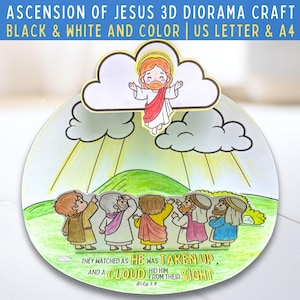 Può includere: Un colorato artigianato diorama 3D raffigurante l'Ascensione di Gesù. La scena include Gesù che ascende in una nuvola, con figure sottostanti che guardano in alto. Il testo recita: "Mentre lo guardavano, fu assunto in cielo, e una nube lo sottrasse ai loro occhi."