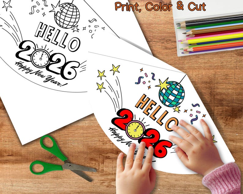 2026 New Year Party Hat, Make Your Own Hat Coloring Pages, New Years Eve Crafts for Kids, NYE Paper Hat Template, Printable Party Hat DIY image 3