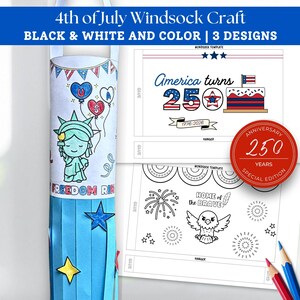 May include: A DIY craft kit for a 4th of July windsock. The kit features a paper windsock with a Statue of Liberty illustration, blue and yellow stars, and the words "Freedom Ring." Templates with patriotic designs are also included.