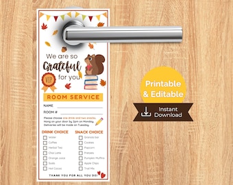 Thanksgiving Teacher Appreciation, Room Service Door Hanger, Editable Staff Appreciation Fall Door Hanger, Grateful For You, School PTO PTA