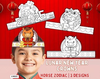 Lunar New Year 2026 Paper Crown Template, Year of the Horse Chinese New Year Hat, Chinese Zodiac  Lunar New Year Craft, Kids Coloring Pages