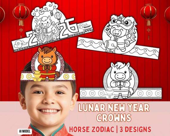 Lunar New Year 2026 Paper Crown Template, Year of the Horse Chinese New Year Hat, Chinese Zodiac  Lunar New Year Craft, Kids Coloring Pages