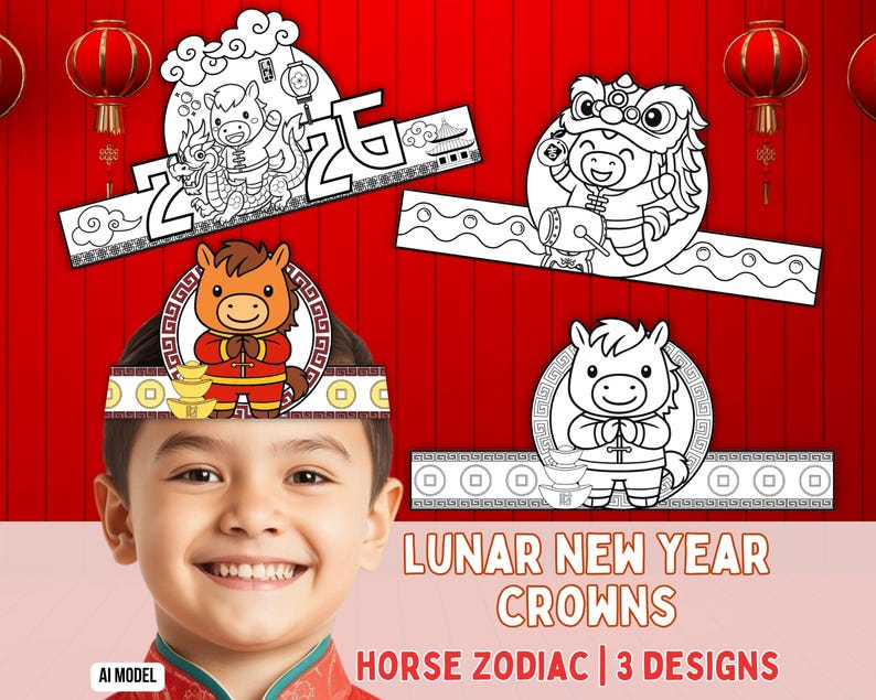 May include: Three paper crown designs featuring the Horse zodiac for Lunar New Year. One crown is colored with a brown horse in traditional attire, while two are black and white line art for coloring, including a horse with a dragon and a lion dance.