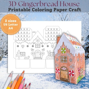Gabarit 3D de maison en papier pain d'épice, travaux manuels à colorier de Noël pour enfants, kit maison de poupée en papier bricolage, activité de fête de classe à la maison