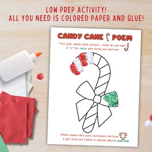 May include: A craft activity with a candy cane poem on white paper. The text reads "LOW PREP ACTIVITY! ALL YOU NEED IS COLORED PAPER AND GLUE!". A glue bottle, red, white, and green paper squares, and paper balls are on a wooden surface.