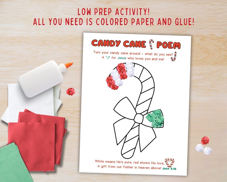 May include: A craft activity with a candy cane poem on white paper. The text reads "LOW PREP ACTIVITY! ALL YOU NEED IS COLORED PAPER AND GLUE!". A glue bottle, red, white, and green paper squares, and paper balls are on a wooden surface.