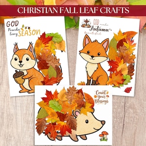 Peut inclure: Trois feuilles de bricolage blanches illustrant un écureuil, un renard et un hérisson. L'écureuil tient un gland avec le texte GOD Provides Every SEASON. Le renard porte le texte GOD made Autumn beautiful. Le hérisson affiche Count Your Blessings.