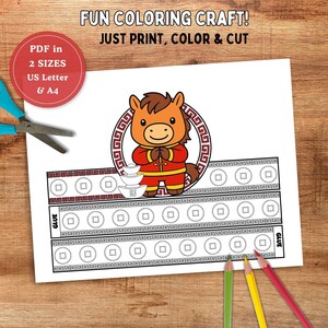 May include: A printable paper crown craft featuring a cartoon horse in a red outfit, with text reading FUN COLORING CRAFT! JUST PRINT, COLOR & CUT and PDF in 2 SIZES US Letter & A4. Includes blue scissors and three colored pencils.