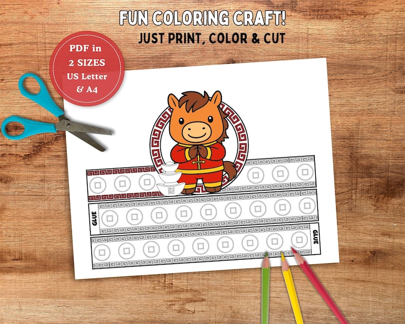 May include: A printable paper crown craft featuring a cartoon horse in a red outfit, with text reading FUN COLORING CRAFT! JUST PRINT, COLOR & CUT and PDF in 2 SIZES US Letter & A4. Includes blue scissors and three colored pencils.