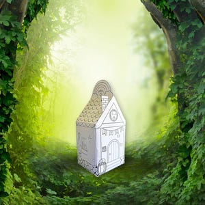 May include: A printable papercraft model of a small house with a chimney, a door, and a window. The house is surrounded by green foliage.