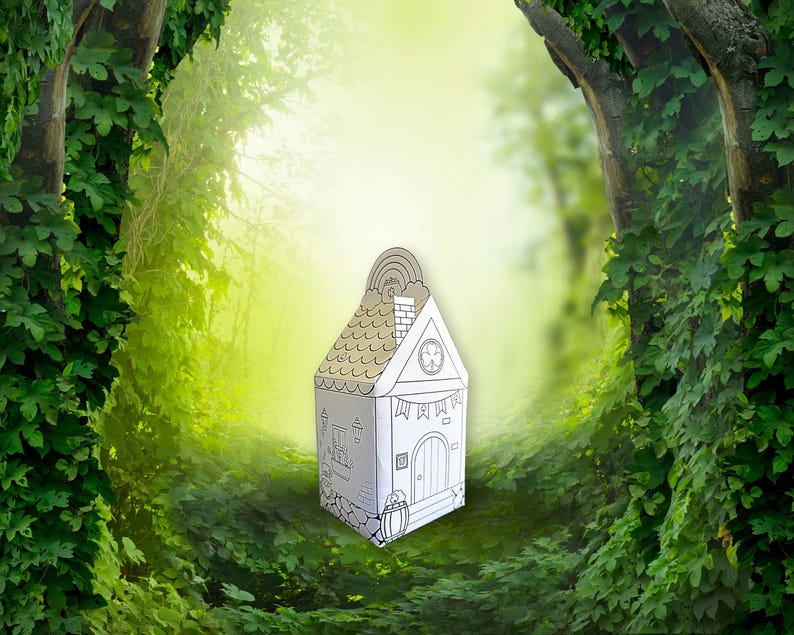 May include: A printable papercraft model of a small house with a chimney, a door, and a window. The house is surrounded by green foliage.