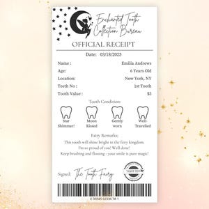Modèle modifiable de reçu de fée des dents, mot de fée des dents, reçu de première dent perdue, certificat dentaire, visite de fée des dents, idées cadeau souvenir