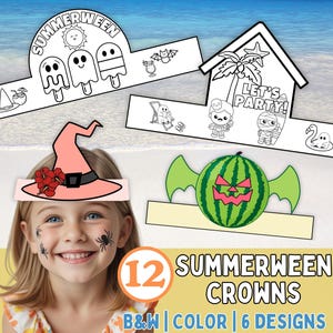 May include: A young girl smiles, wearing a pink witch hat crown with red flowers. The image shows several paper crowns with summer and Halloween themes, including a watermelon with bat wings and the text "SUMMERWEEN". The image also includes the text "12 SUMMERWEEN CROWNS B&W | COLOR | 6 DESIGNS".