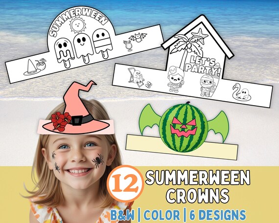 Summerween Party Paper Crown Template, Spooky Summer Coloring Pages, Summerween Decor Kids Party Favors, Summerween Crafts, Halloween Summer