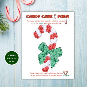 May include: A white print with a candy cane design made of red, white, and green paper. The text reads "CANDY CANE POEM" and includes a poem about the candy cane's symbolism. The print is available in US Letter and A4 sizes.
