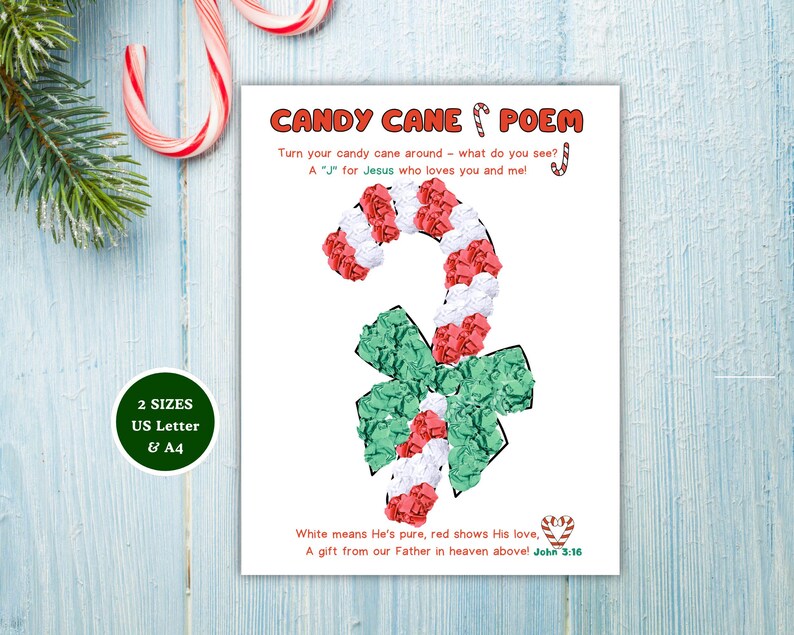 May include: A white print with a candy cane design made of red, white, and green paper. The text reads "CANDY CANE POEM" and includes a poem about the candy cane's symbolism. The print is available in US Letter and A4 sizes.