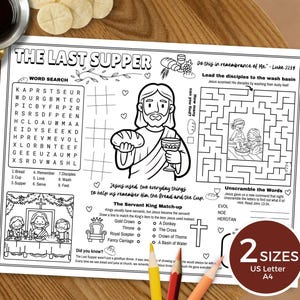 May include: Black and white activity sheet titled "The Last Supper" with word search, maze, and matching games. Includes illustrations of Jesus and the disciples. Features the text "2 SIZES US Letter A4".