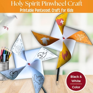 May include: An image of pinwheels with the text "Holy Spirit Pinwheel Craft" and "Printable Pentecost Craft for Kids." The pinwheels are white and yellow with religious symbols and text. A pencil and a tin of coloured pencils are also visible.