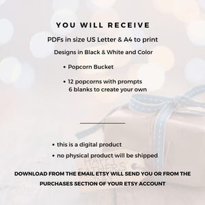 May include: A digital product announcement with text: "YOU WILL RECEIVE" and details about PDFs, popcorn bucket designs, and prompts. The image includes a wrapped gift with a blue ribbon.