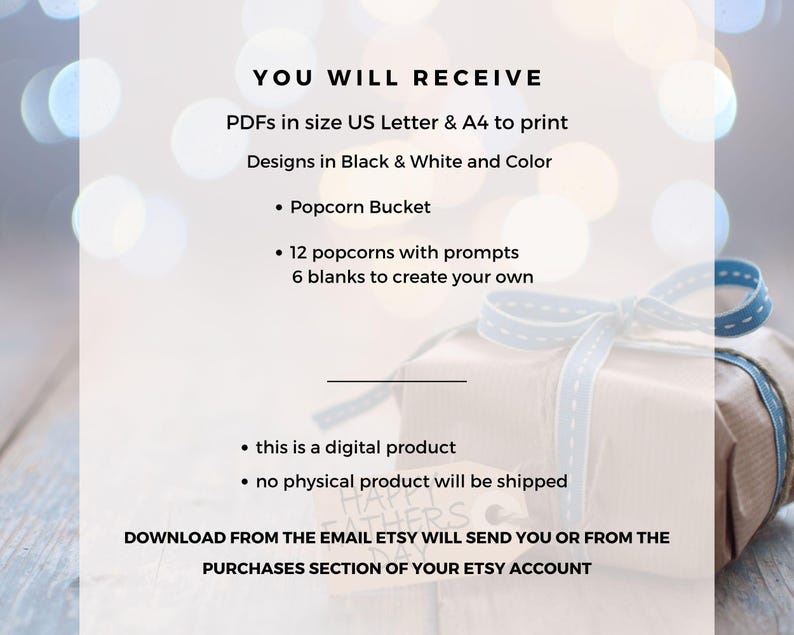 May include: A digital product announcement with text: "YOU WILL RECEIVE" and details about PDFs, popcorn bucket designs, and prompts. The image includes a wrapped gift with a blue ribbon.