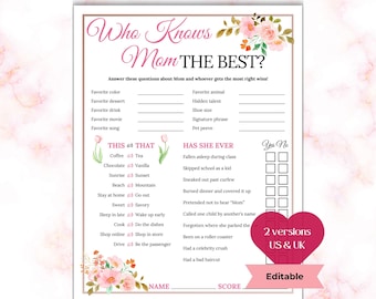 Editable Who Knows Mom Best Mothers Day Brunch Games, All About My Mom Baby Shower Games, Would Mommy Rather, Mom Birthday | Tea Party Games