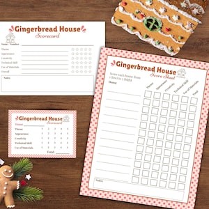 May include: A set of Gingerbread House Scorecards and Score Sheets. The set includes a large score sheet with pink polka dot borders, a smaller scorecard, and a business card-sized scorecard. The text on the cards reads "Gingerbread House Scorecard".