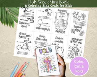 Afdrukbaar miniboek Heilige Week, Heilige Week kinderen kleuren Zine Craft, paasverhaal zondagsschoolambacht, kinderen kerk Heilige Week les