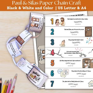 May include: A Paul & Silas paper chain craft kit featuring a printable sheet with seven numbered steps, illustrations, and text. The kit includes a pre-assembled paper chain with loops depicting scenes and the text Praise God in every situation.