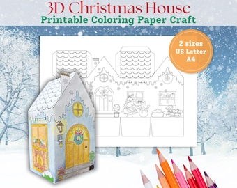 Christmas Paper House Template, Christmas Coloring Craft for Kids, Paper Doll House Kit, 3D Paper Toys Classroom Party Homeschool Activity