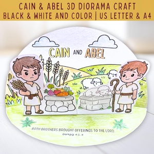 May include: A 3D diorama craft featuring Cain and Abel with the text CAIN AND ABEL and BOTH BROTHERS BROUGHT OFFERINGS TO THE LORD. Genesis 4:3-4. The scene includes two figures, stone altars with produce and a sheep, and a landscape background.