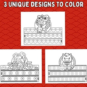 May include: Three printable paper crown templates for coloring, each featuring a cartoon horse character. The designs include a horse in a lion dance costume, a horse with a dragon and the text 2026, and a horse with gold ingots.